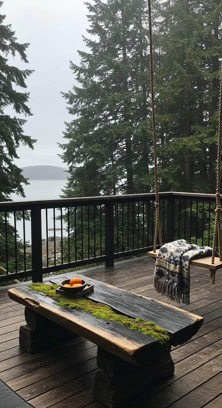 Deck overlooking a foggy forest, with a dark wood table with a moss strip, and a rope swing.