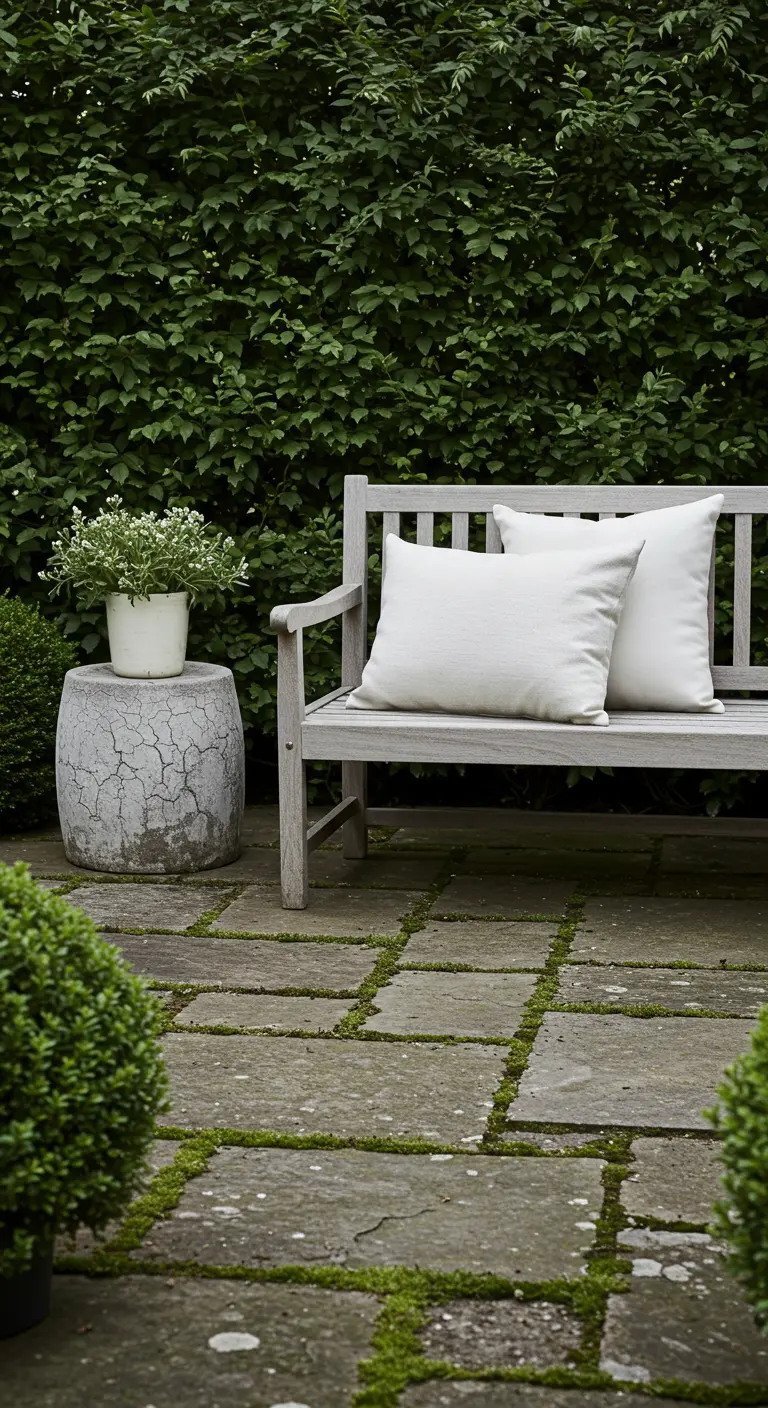 A weathered grey wood bench on a stone patio with moss growing between the cracks.