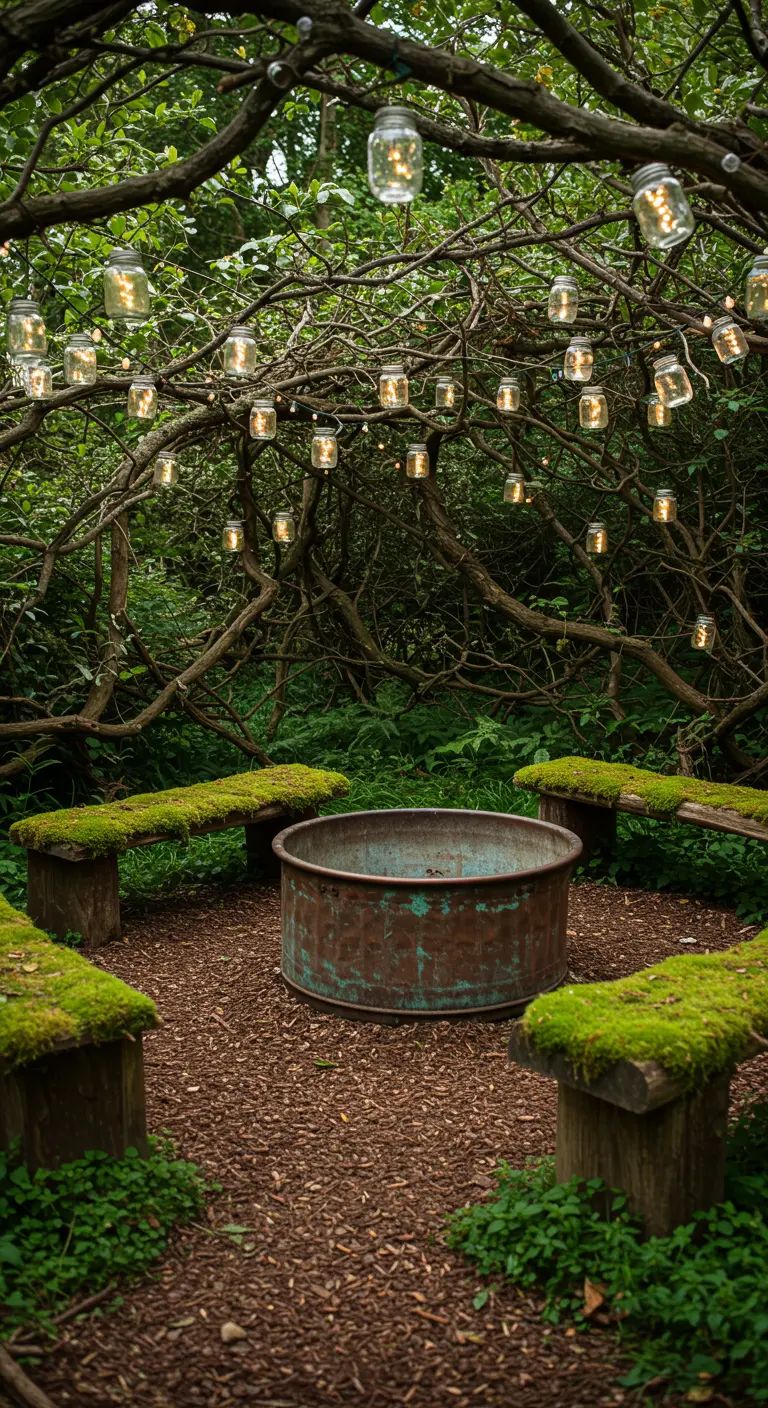 A woodland clearing with moss-covered log benches, a patinaed fire pit, and lights in the trees.