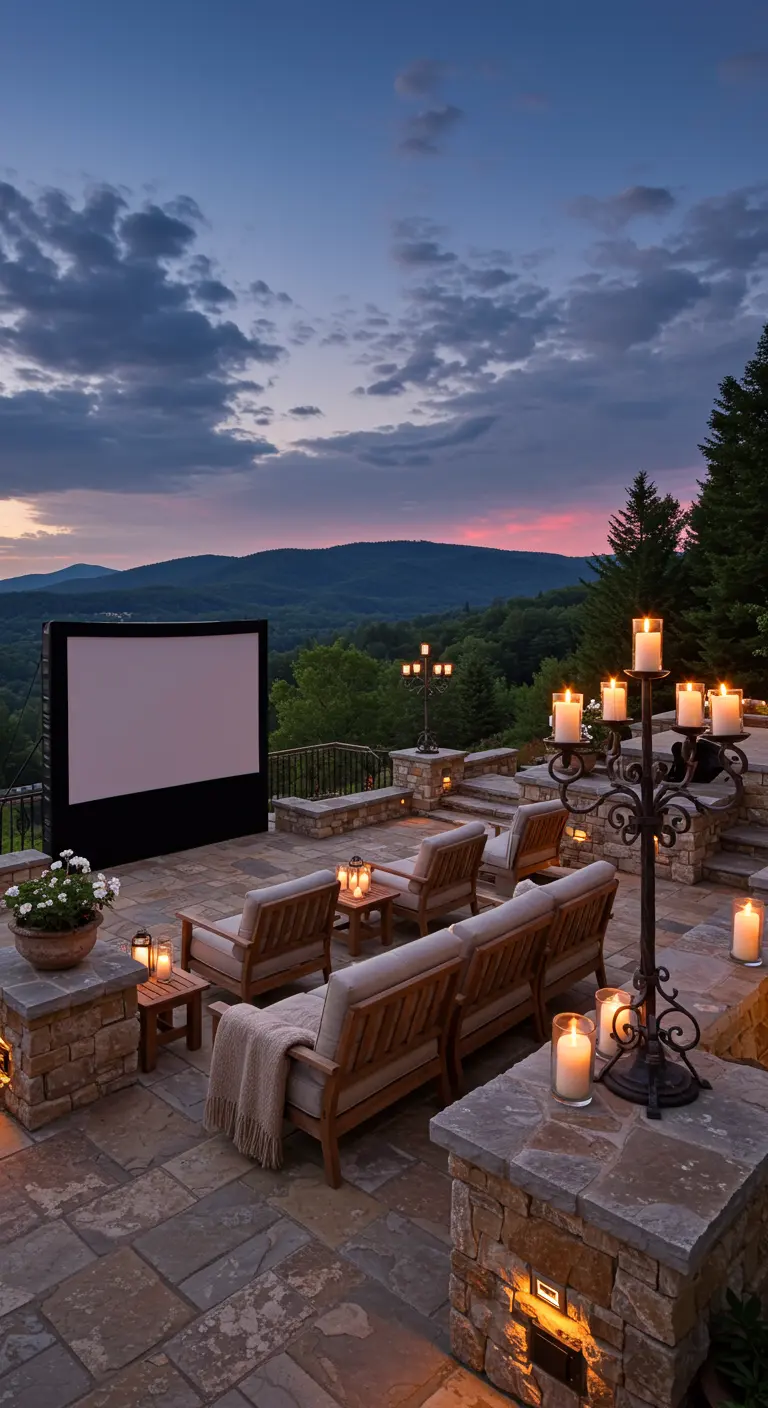 A mountain terrace at dusk with a large movie screen, wooden loungers, and tall candelabras.