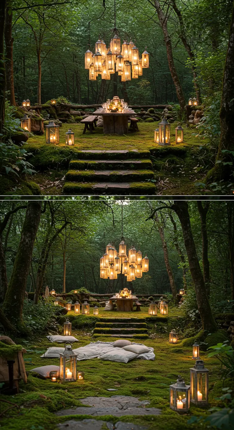 A forest clearing with a lantern chandelier, showing a dining and picnic setup.