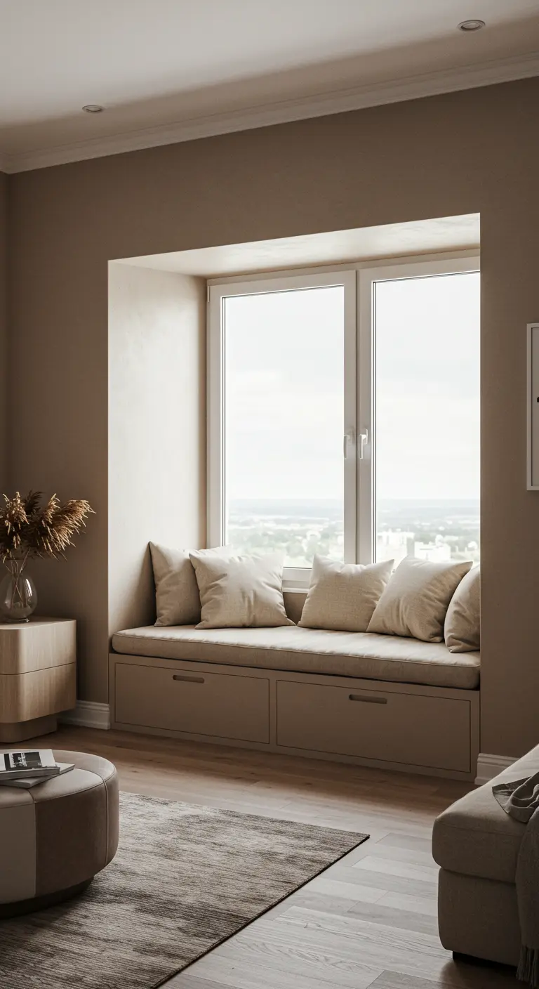 A deep, built-in window seat with storage drawers, filled with soft neutral pillows.