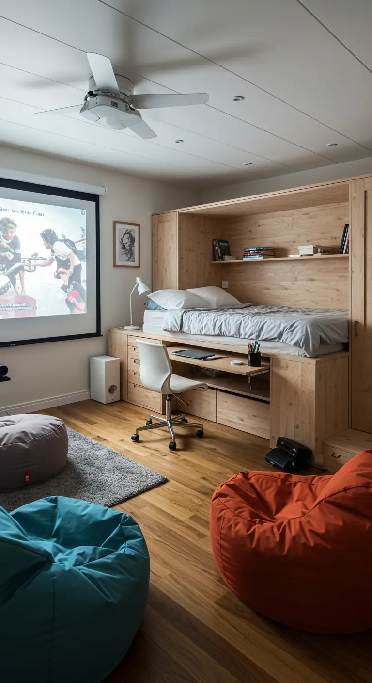 A room with a Murphy bed folded down over an integrated desk, with bean bags and a projector screen.