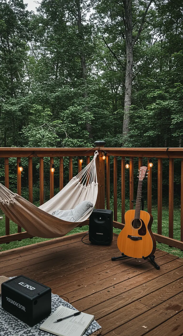 A simple hammock on a wooden deck in the woods, with a guitar and speaker nearby.