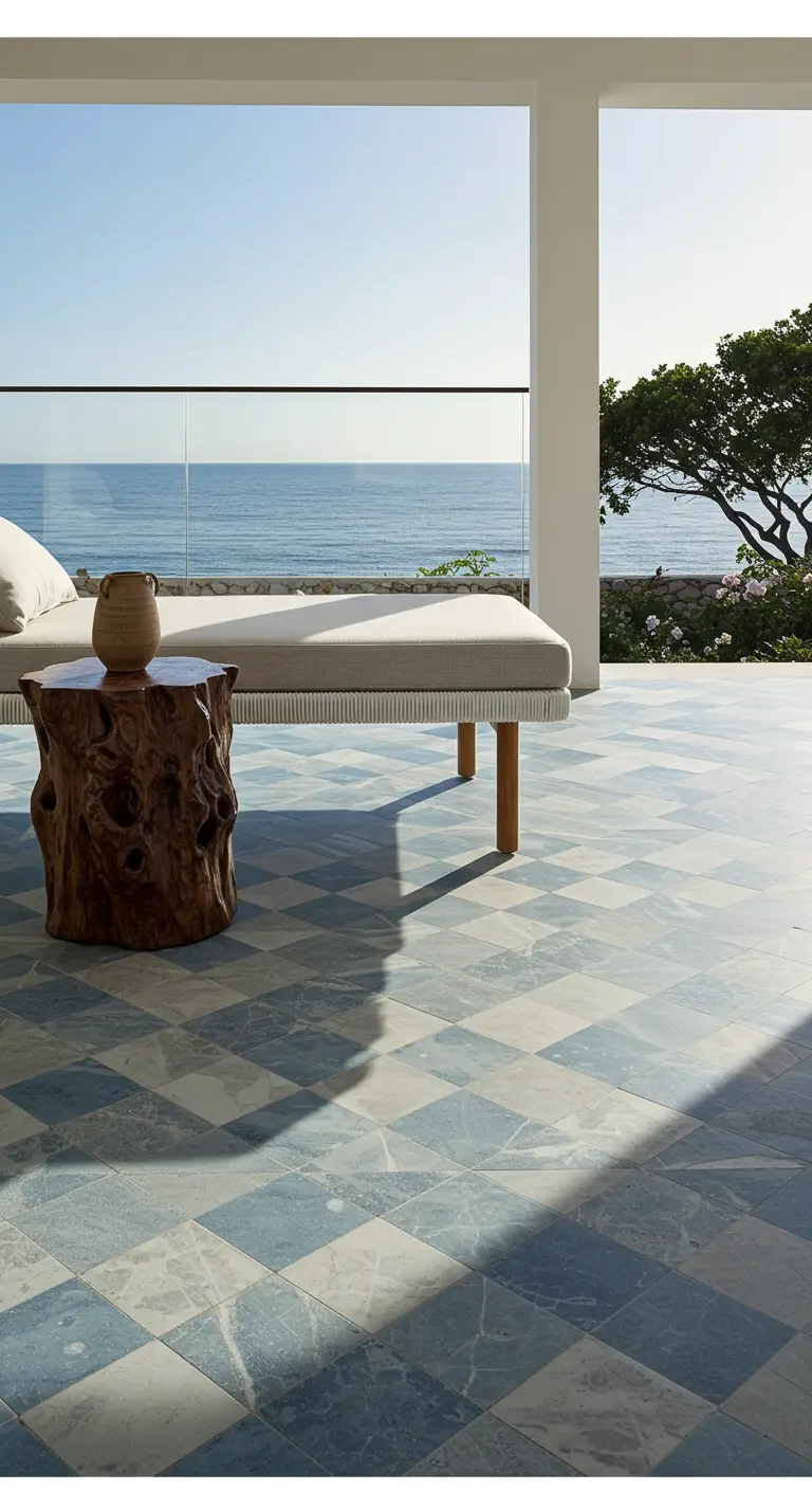 A balcony with a muted blue and white checkerboard marble tile floor, a daybed, and a driftwood table.