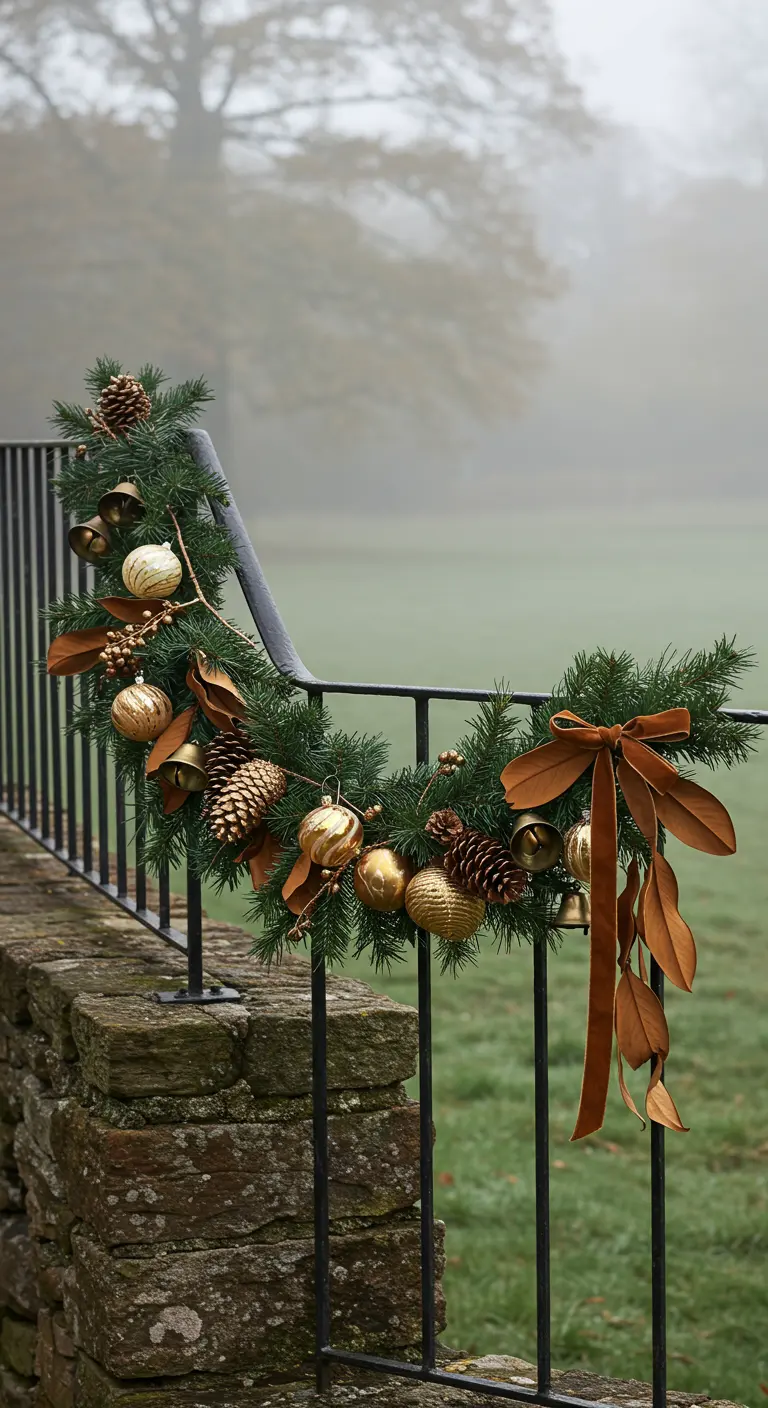 Garland on a black metal fence in a foggy field, decorated with magnolia leaves and bronze bells.