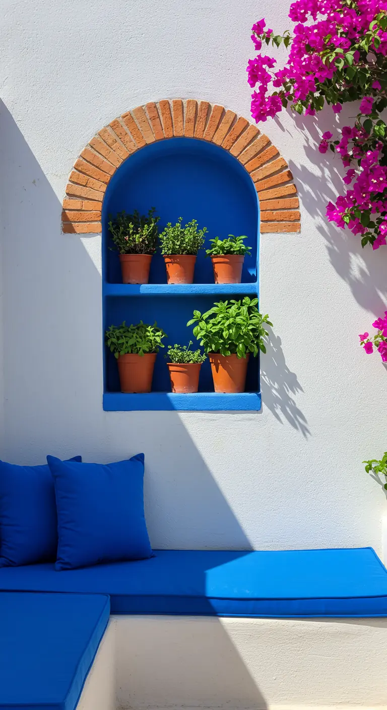 A bright blue niche in a white wall, framed with a terracotta brick arch, holds potted herbs.