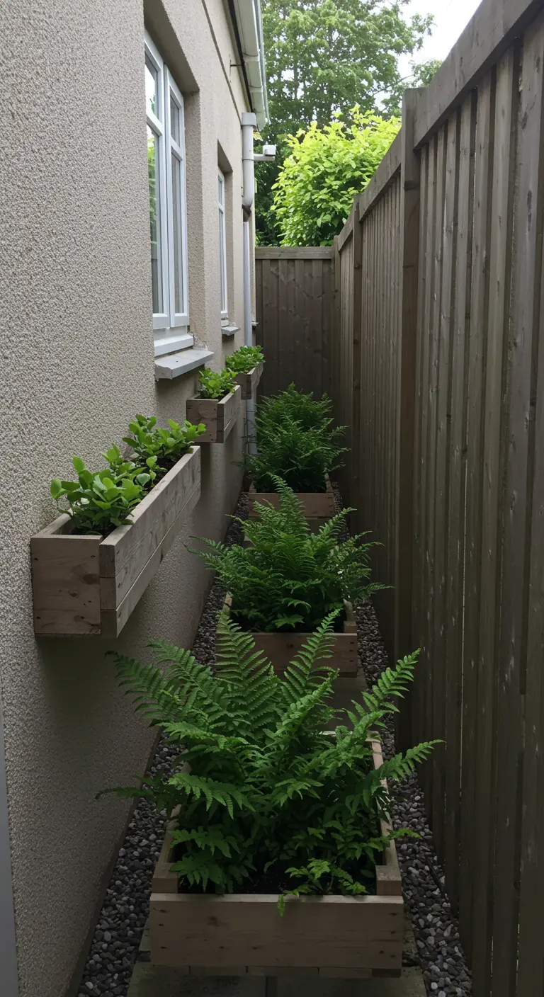 A narrow side yard filled with ferns in wooden planters on the ground and mounted on the wall.