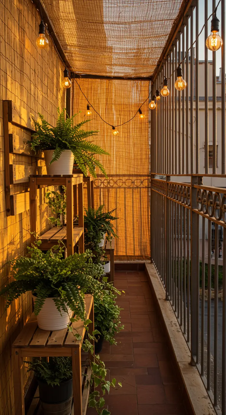 A narrow balcony transformed with a bamboo screen, vertical plant shelves, and Edison string lights.