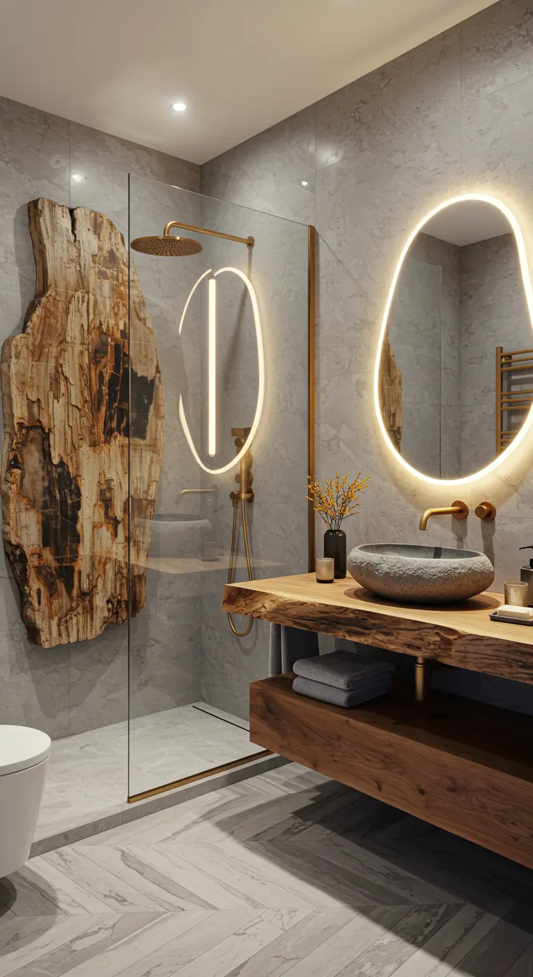 Modern bathroom featuring a large slab of petrified wood as a shower accent wall.