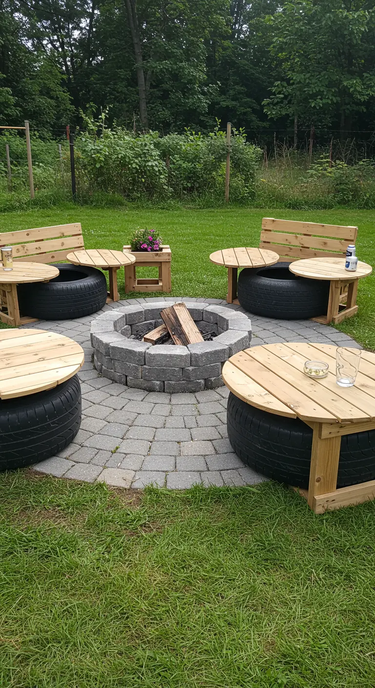 A fire pit surrounded by unpainted tire seats that have round wooden tops.