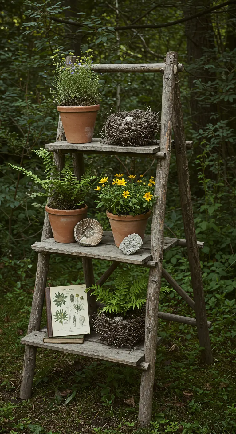A rustic wooden ladder in a woodland setting, decorated with ferns, nests, and fossils.