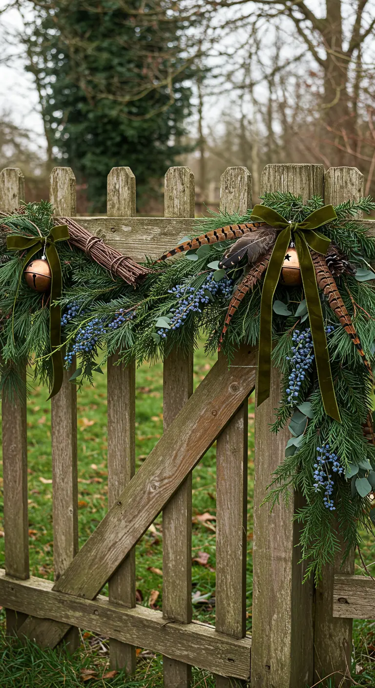 Rustic wooden fence with a garland featuring feathers, berries, bells, and olive velvet ribbon.