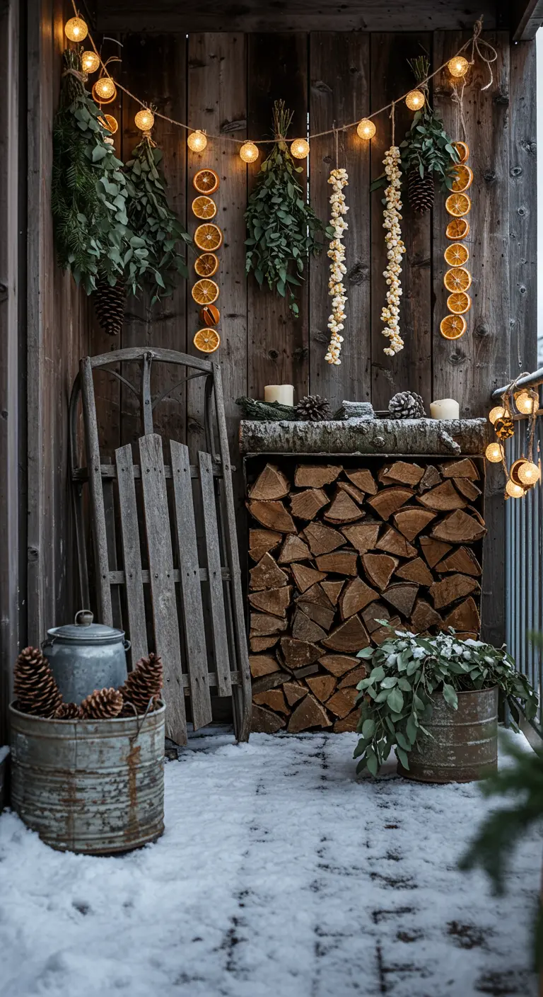 Rustic balcony with dried orange and popcorn garlands, a sled, and firewood.