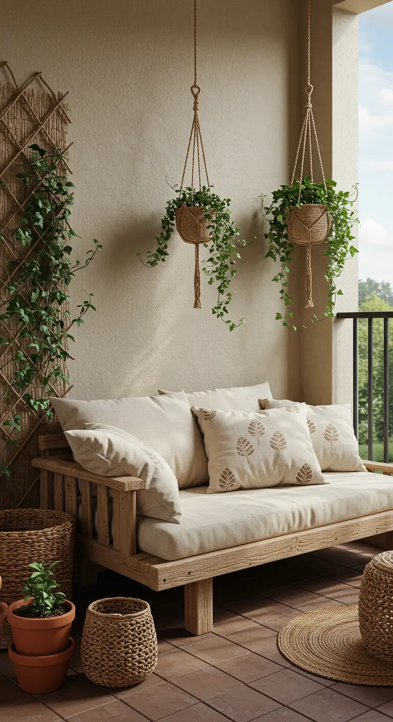 A balcony with a natural wood daybed, beige cushions, hanging jute planters, and woven baskets.