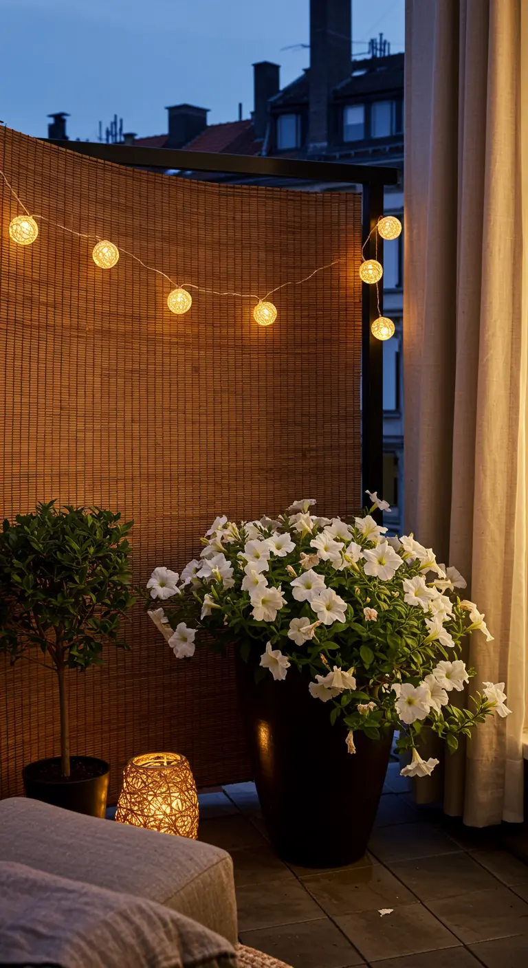 Cozy balcony corner with a bamboo privacy screen, a large pot of white petunias, and rattan lights.