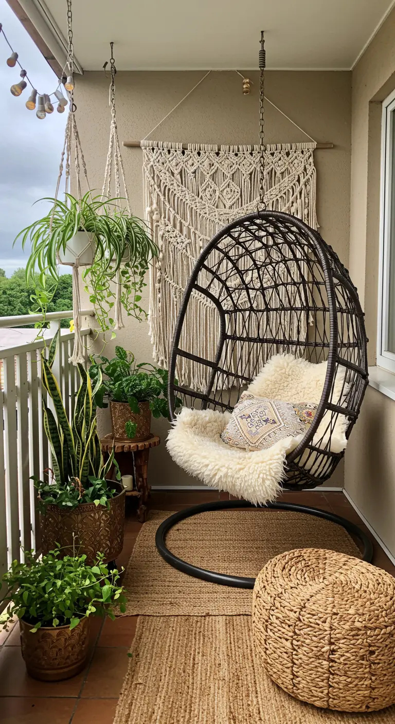 Boho balcony with a dark rattan egg chair, sheepskin throw, and macrame wall hanging.