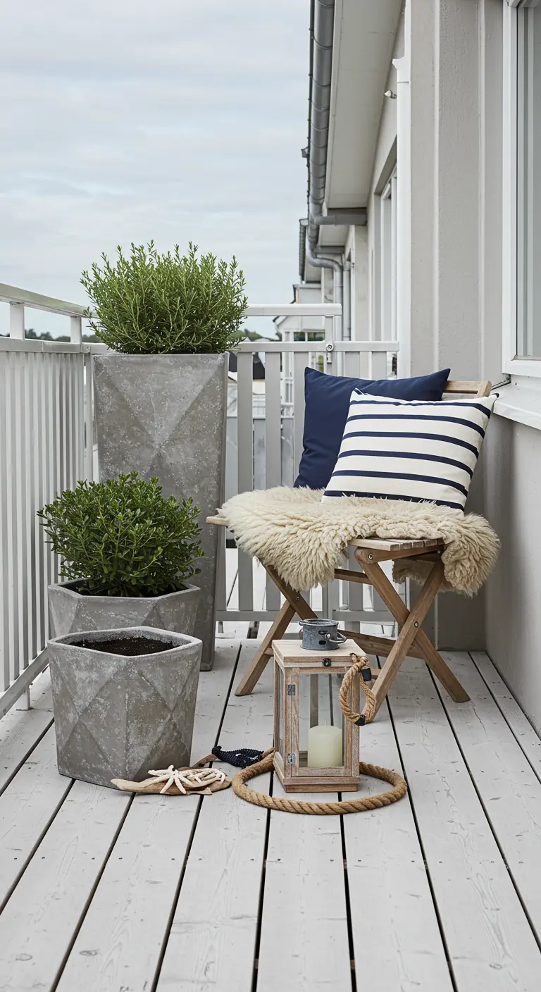 A balcony with a coastal theme, including striped pillows and a rope-handled lantern.