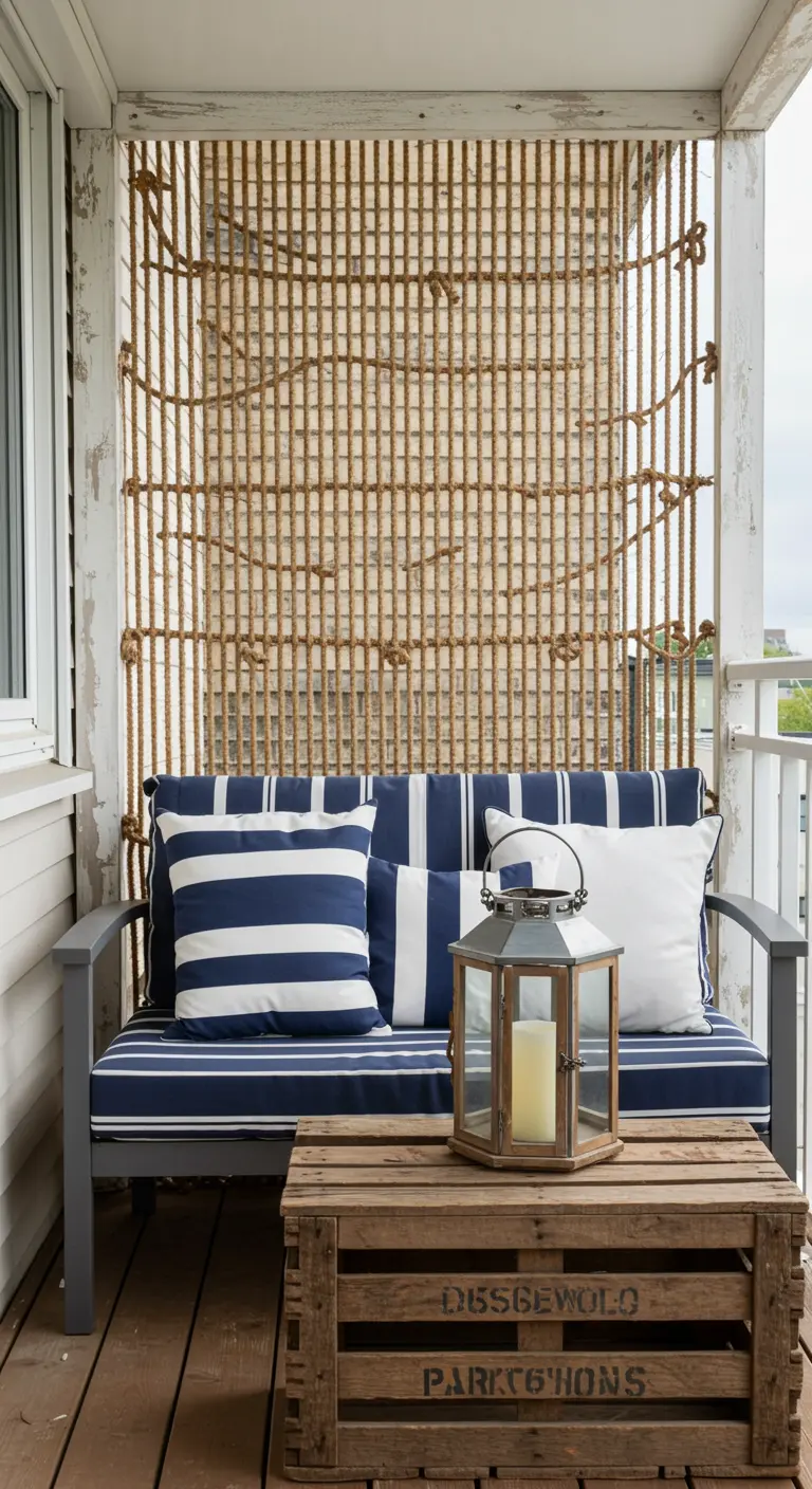 A screen made of woven rope behind a sofa with navy and white striped pillows.