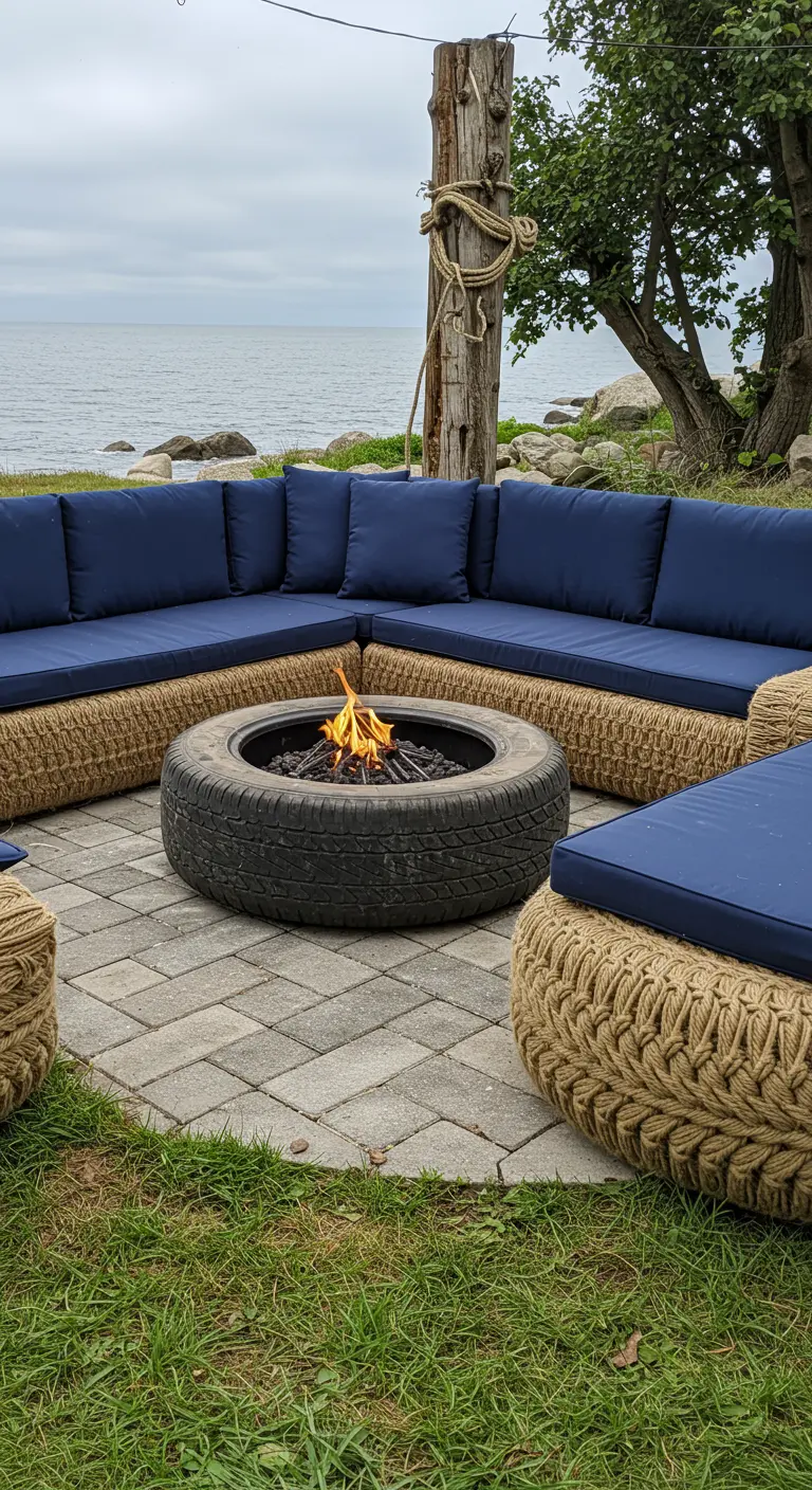 A seaside fire pit surrounded by large, rope-wrapped tire seating with navy cushions.