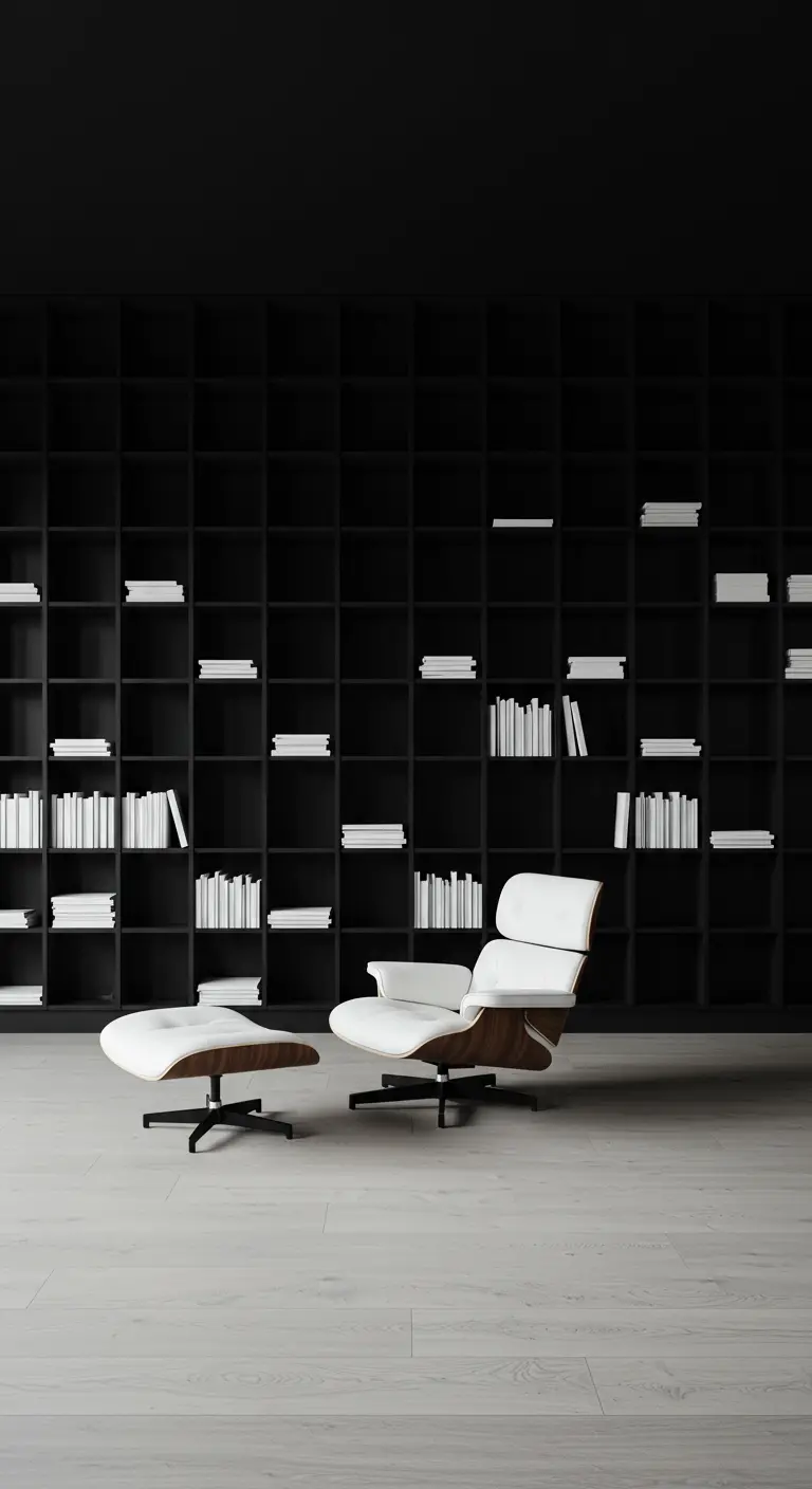 Room with floor-to-ceiling black bookshelves and a white Eames lounge chair.
