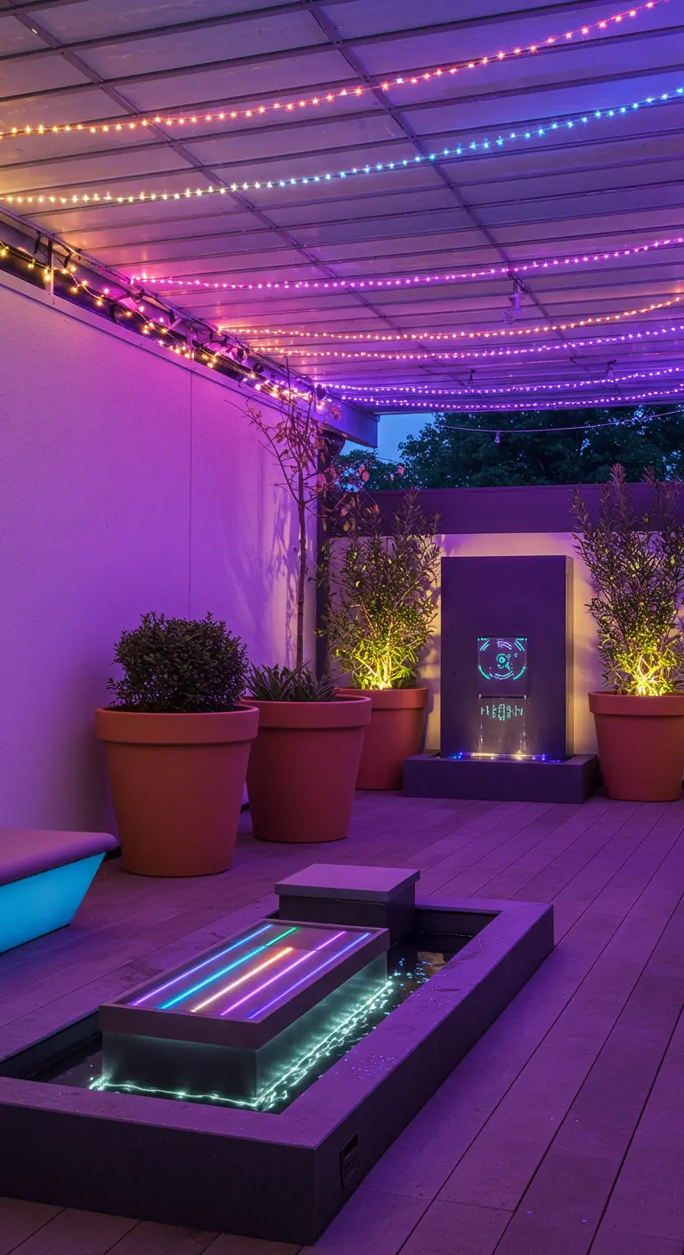A modern patio illuminated with vibrant purple and rainbow-colored LED lights in the evening.
