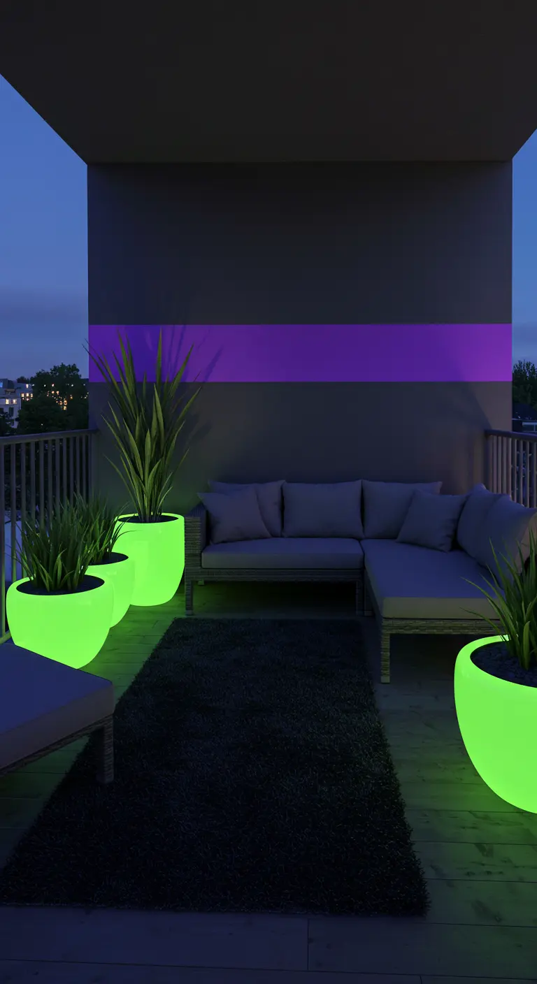 A dark grey balcony at night with glowing green planters and a neon purple stripe on the wall.