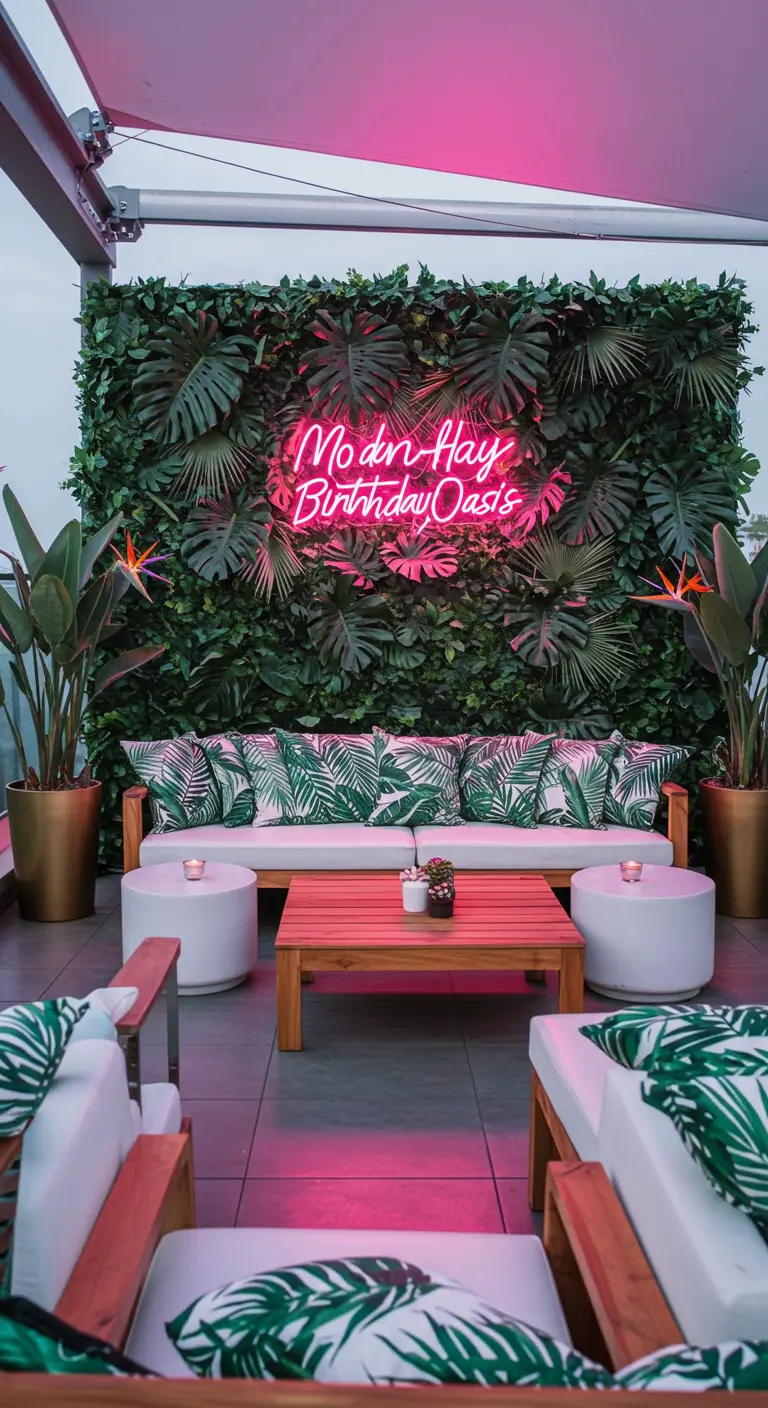 A modern rooftop lounge with a neon sign on a lush green wall and tropical print pillows.