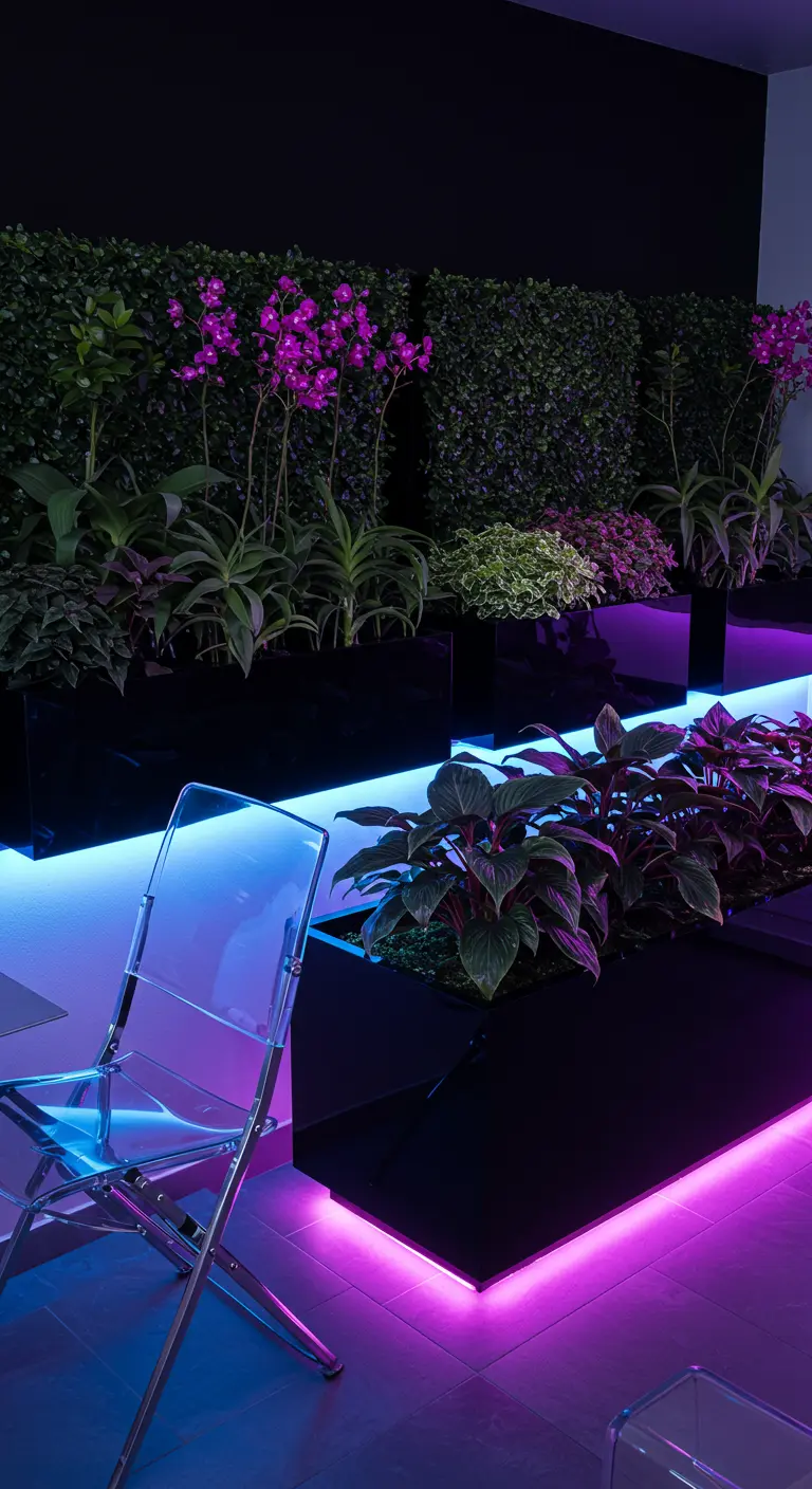 A modern space with purple and blue LED lights illuminating plants in black planters.