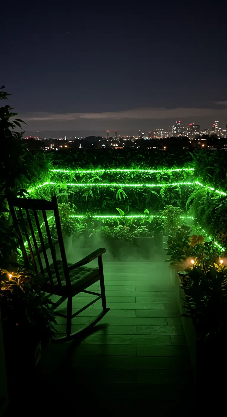 A dark balcony with a rocking chair illuminated by green LED strip lights and mist.