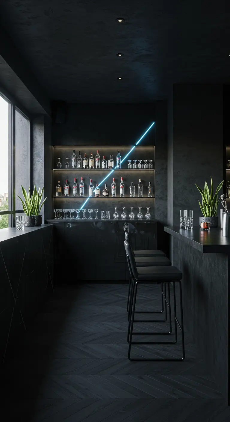 A moody, all-black bar with a single diagonal blue neon light as a design feature.