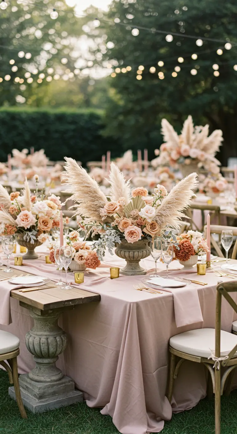 A stone urn centerpiece with pampas grass and pink roses on a blush tablecloth.