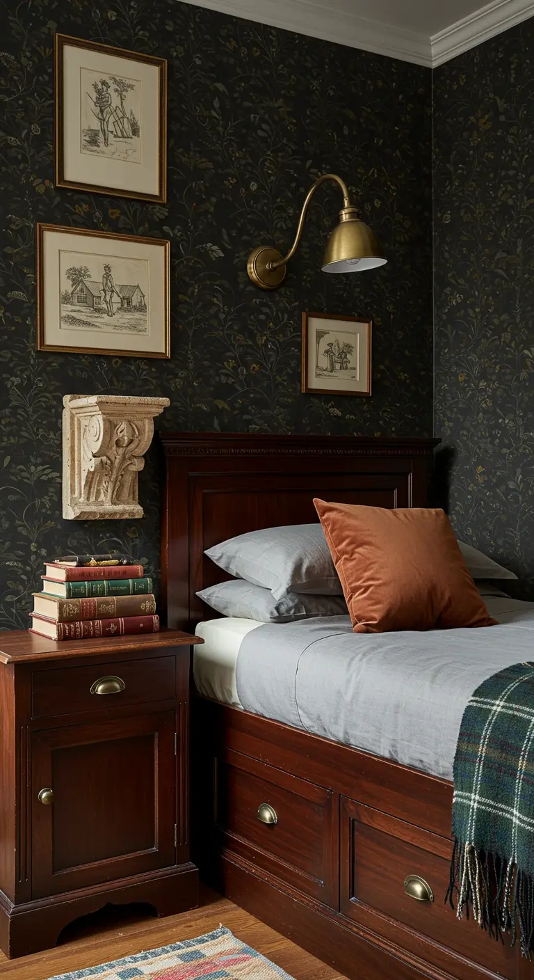 Traditional dark wood bedroom with floral wallpaper and an architectural corbel as a shelf.