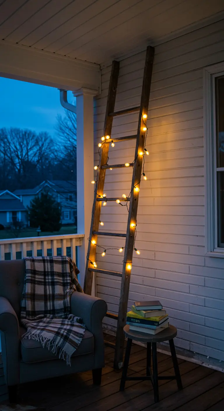A vintage wooden ladder leaning against a house, wrapped in glowing string lights.