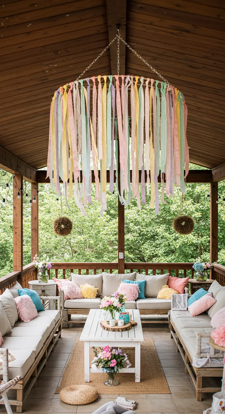 A large DIY chandelier made of pastel ribbons on a covered patio.