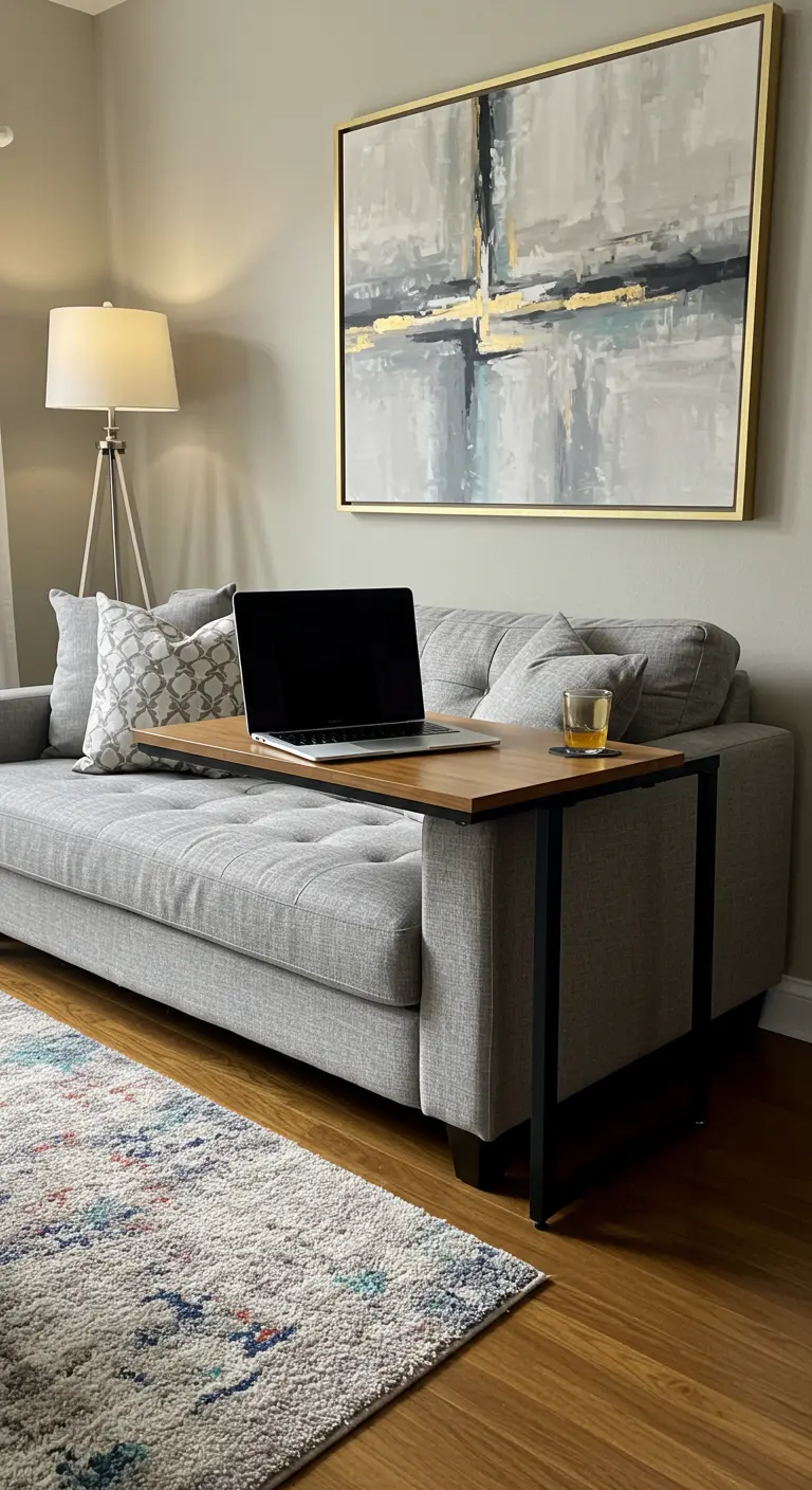 A gray sofa with a slim, black-framed C-table pulled over it, holding a laptop.