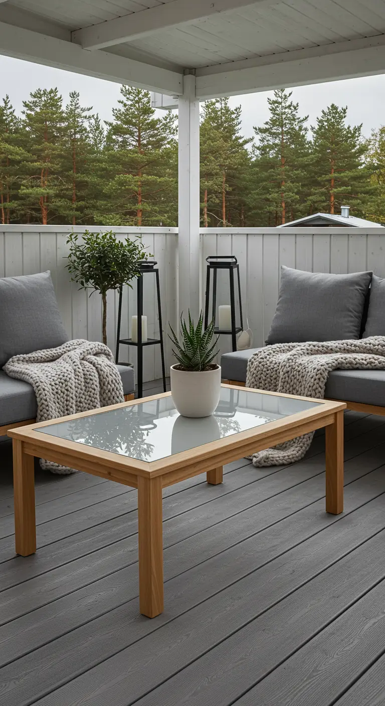 A serene Scandinavian-style covered patio with gray cushions and a single succulent on the table.