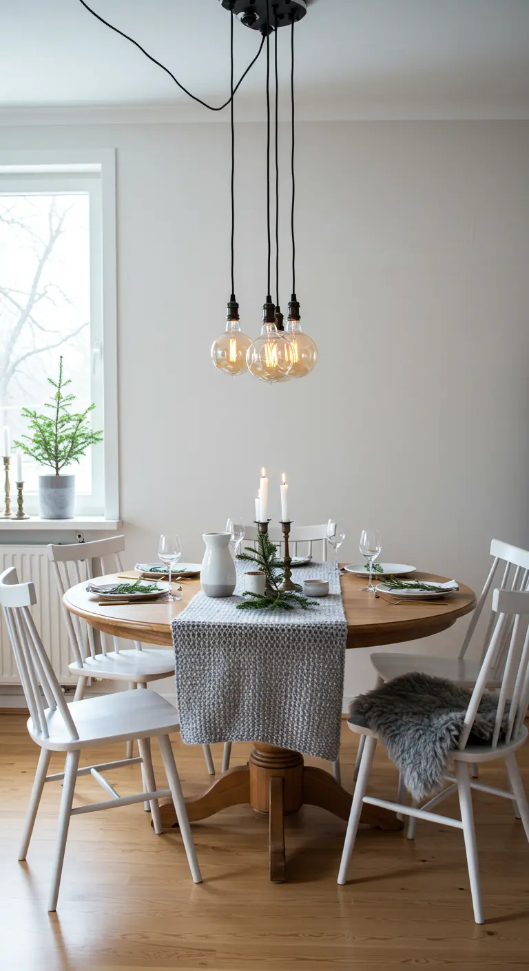 Minimalist Scandinavian dining room with a grey knit runner.