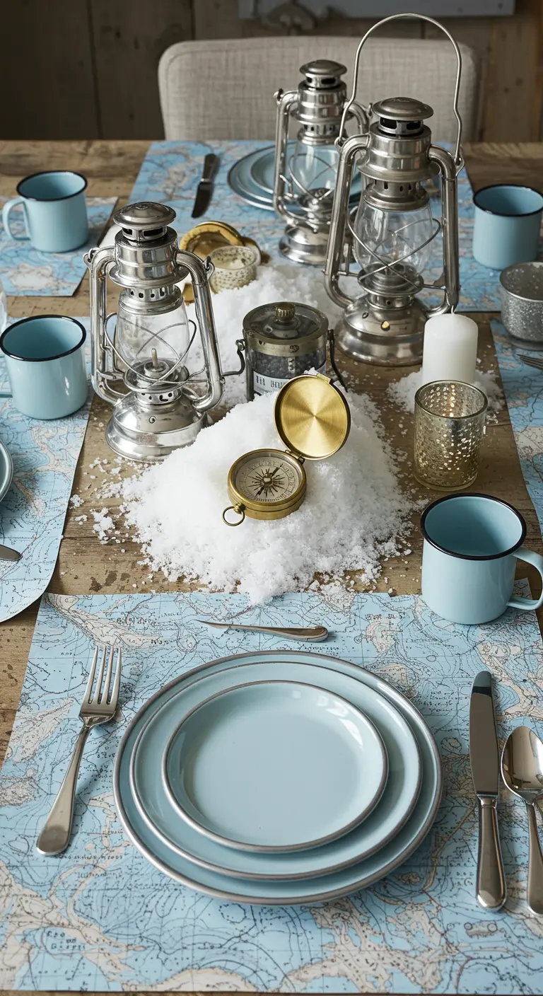 A rustic table set with map placemats, silver lanterns, and a compass in faux snow.
