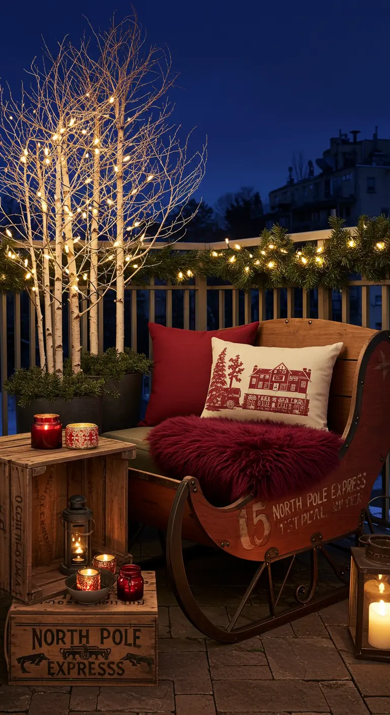 A Christmas-themed balcony with a sleigh-shaped chair and illuminated birch branches.