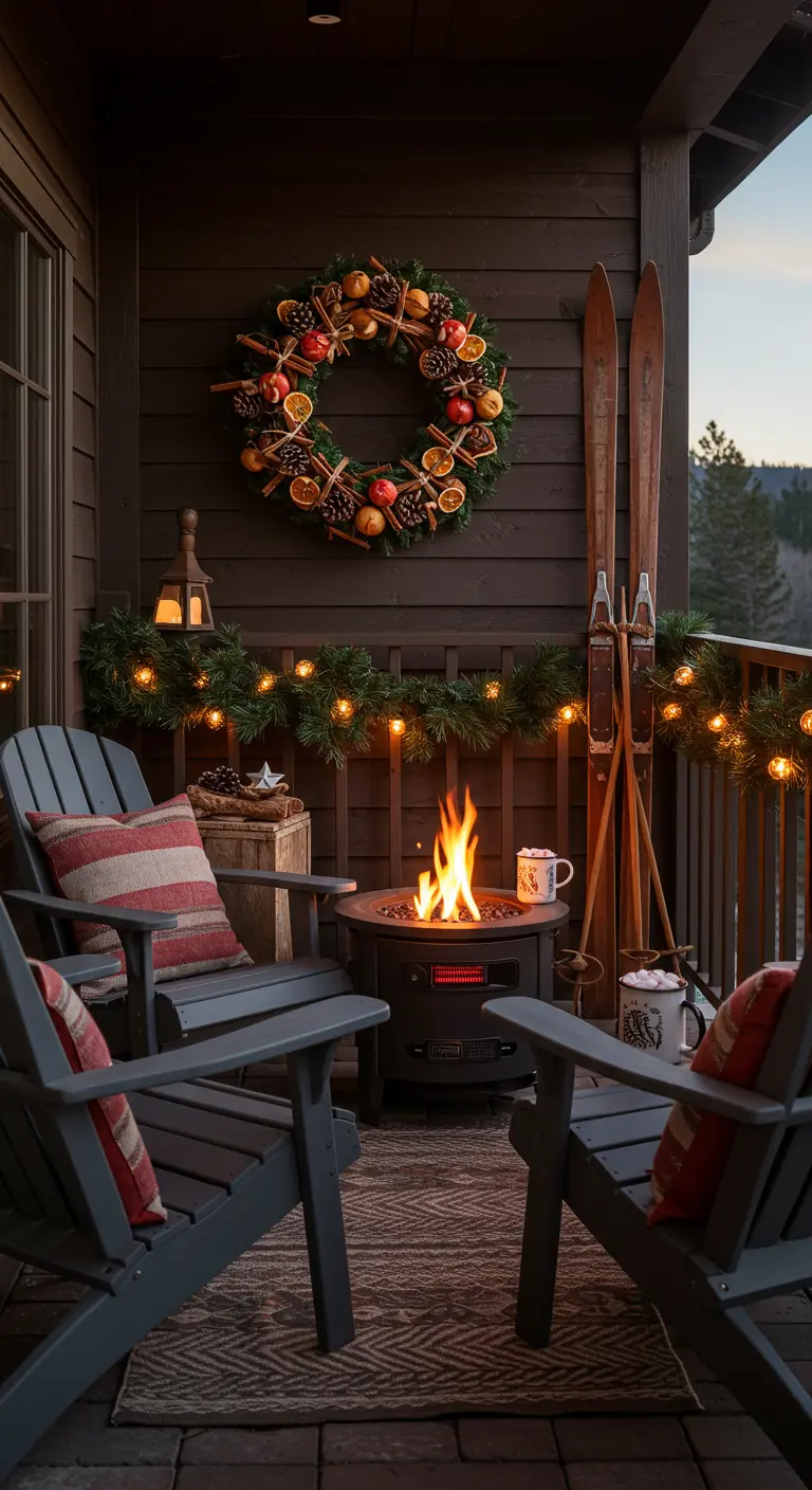 A balcony with Adirondack chairs, a fire pit, and vintage wooden skis leaning against the wall.