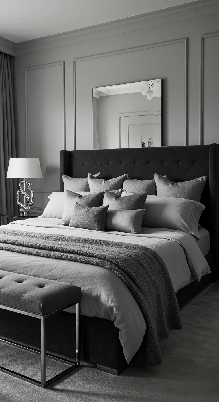 Monochrome gray bedroom with a dark tufted headboard and chrome-accented furniture.