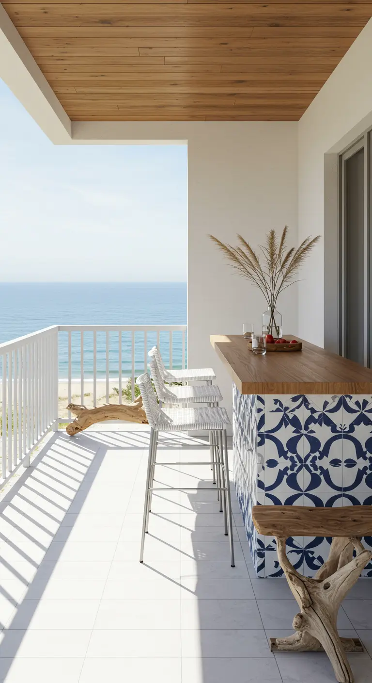 A balcony breakfast bar with a blue and white tiled front, overlooking the ocean with white stools.