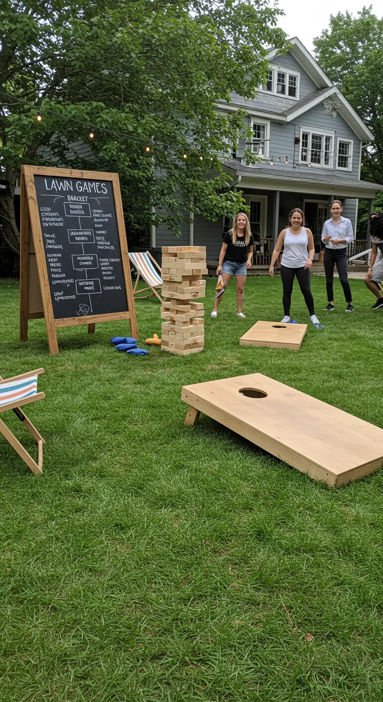 A large A-frame chalkboard displaying a bracket for lawn games.