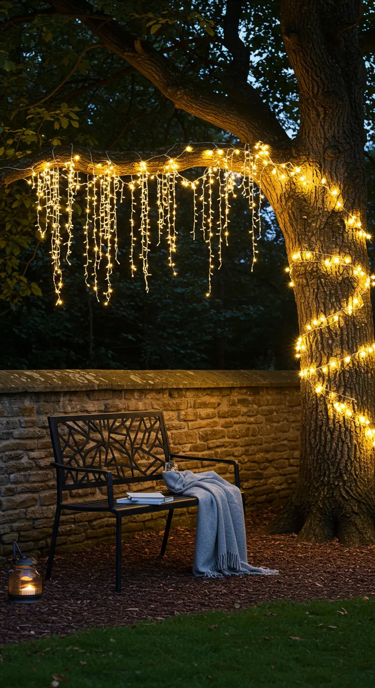 An ornate black bench under a large tree decorated with cascading fairy lights.