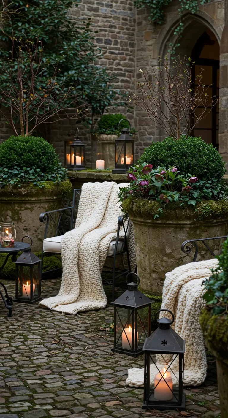 A cobblestone courtyard with old stone planters, iron chairs, and cream knit blankets.