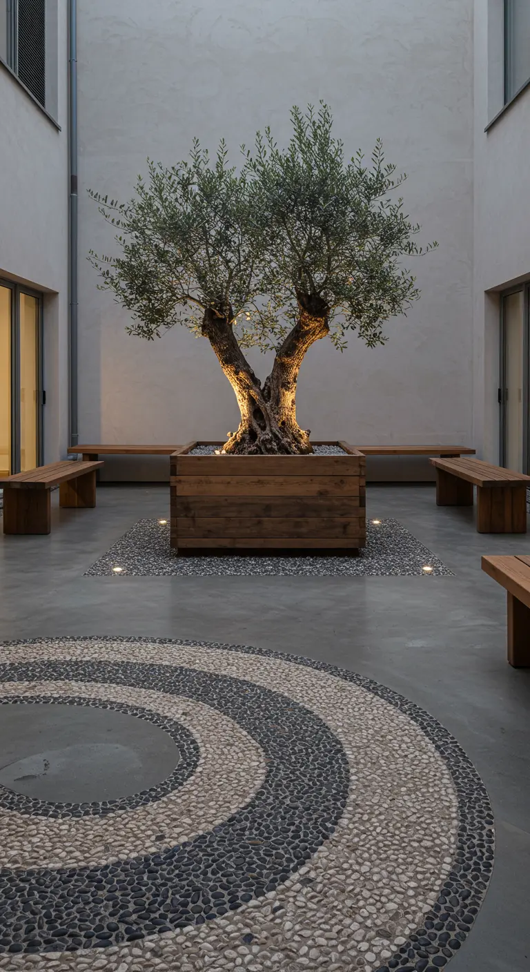 A courtyard with a central olive tree and a large circular pebble mosaic.