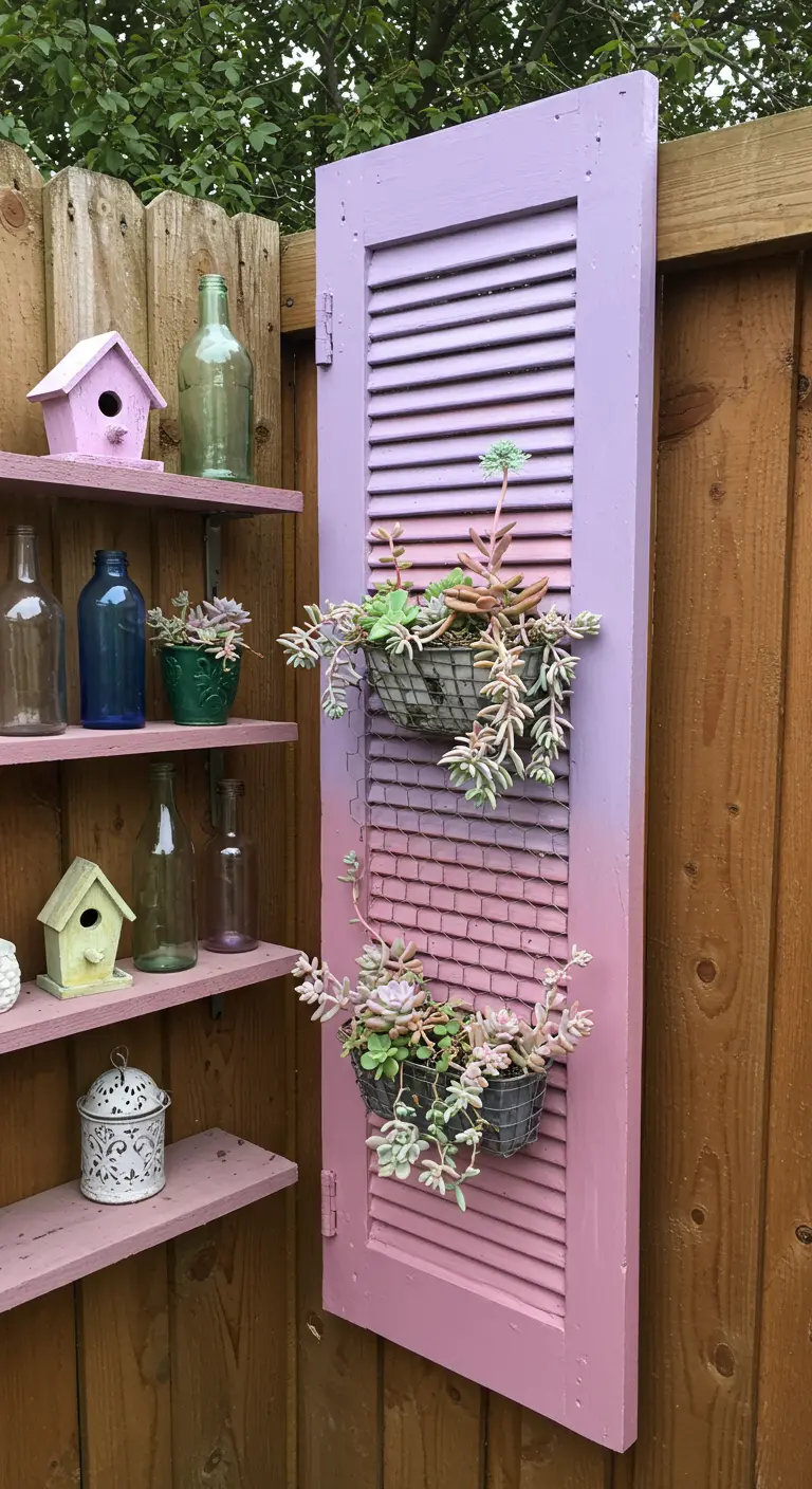 A single shutter painted in a pink and purple ombré on a wood fence.