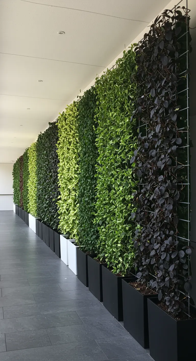 A long living wall with plants arranged in a green-to-purple color gradient.