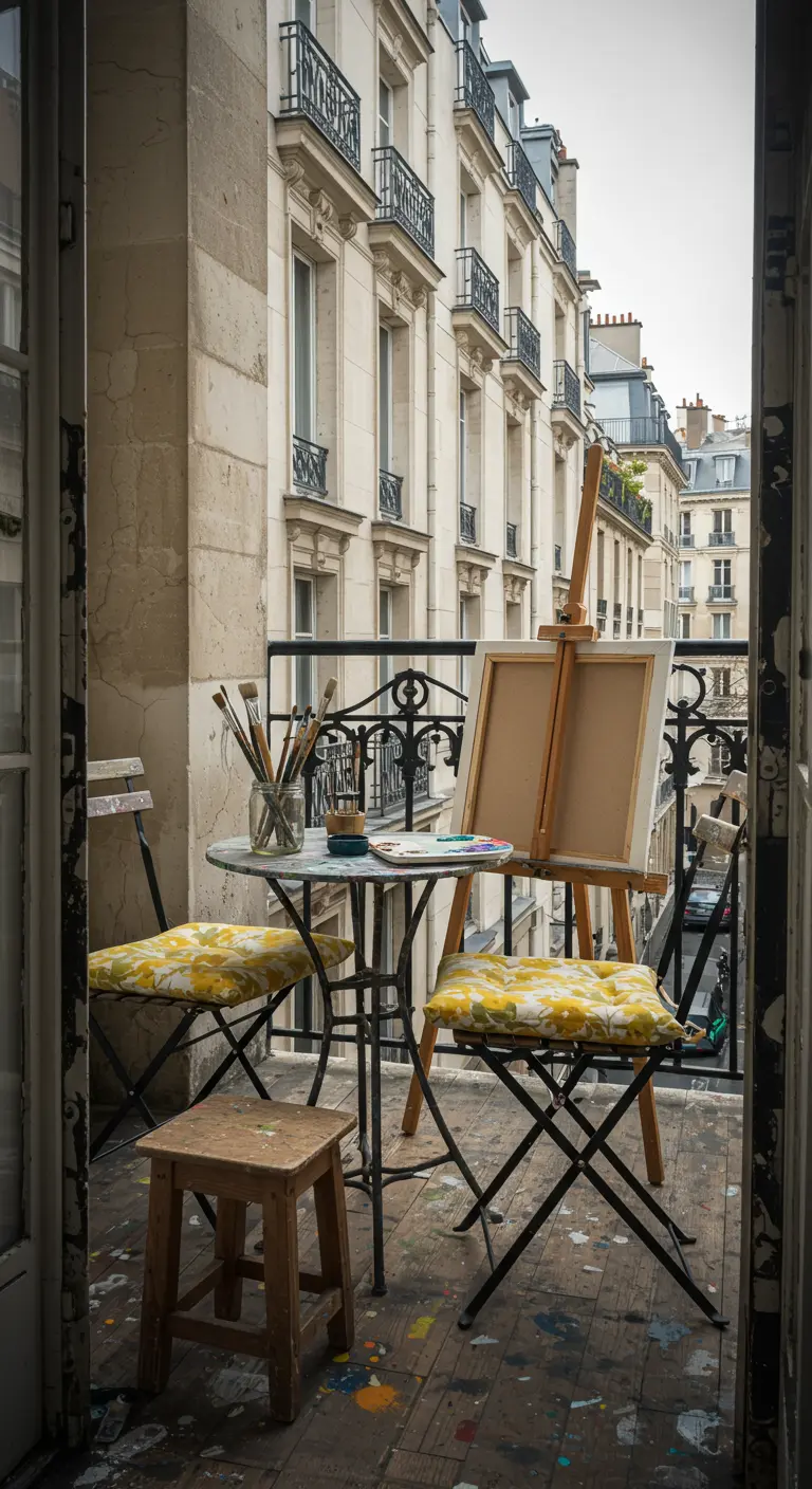 An artist's easel and bistro set on a Parisian balcony, ready for painting.